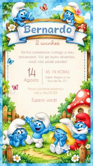 Convite de Aniversário Smurfs Modelo Editável Digital