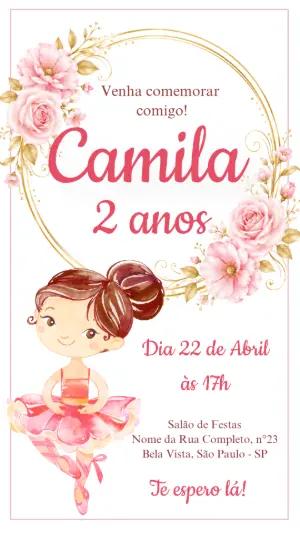 Convite de Aniversário Bailarina Rosa e Dourado Editável