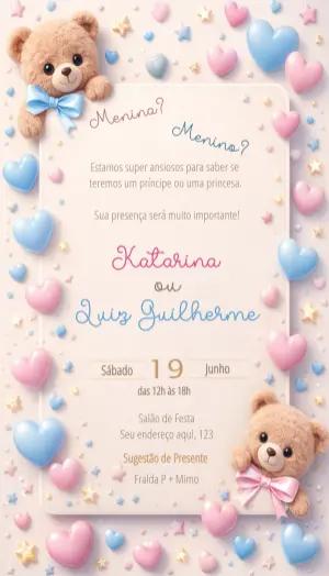 Convite Chá Revelação Ursinhos Fofos Rosa e Azul Editável