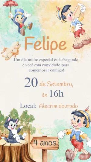 Convite de Aniversário Pinóquio Aquarela para Editar Online