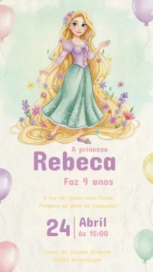 Convite de Aniversário Rapunzel Aquarela para Editar