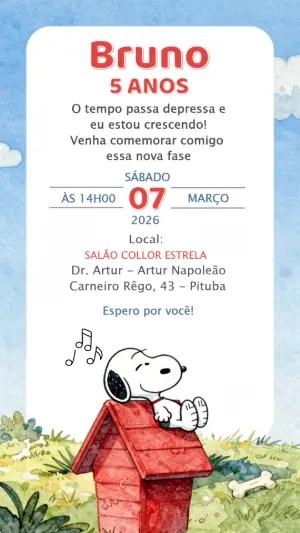 Convite de Aniversário Infantil Snoopy Aquarela para Editar