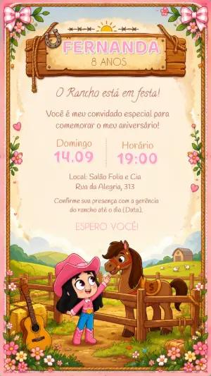 Convite Editável de Aniversário Infantil Tema Boiadeira Country