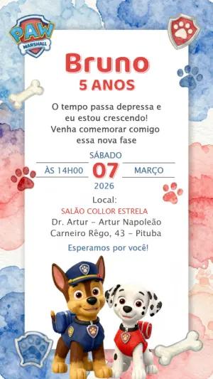 Convite de Aniversário Patrulha Canina Aquarela para Editar