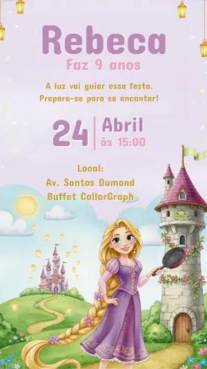 Convite Digital Aniversário Rapunzel Estilo Aquarela Editável