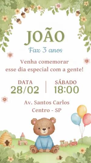 Convite de Aniversário Infantil Ursinho no Bosque para Editar