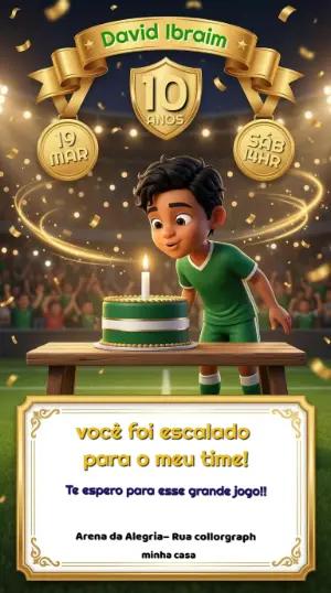 Convite de Aniversário Futebol 3D Estádio Modelo Editável