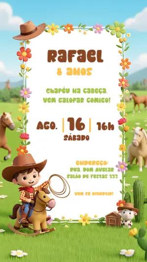 Convite de Aniversário Cowboy Infantil para Editar Online