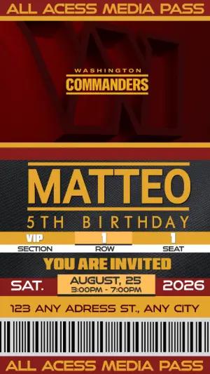 Editable Football Ticket Birthday Invitation for Washington Commanders