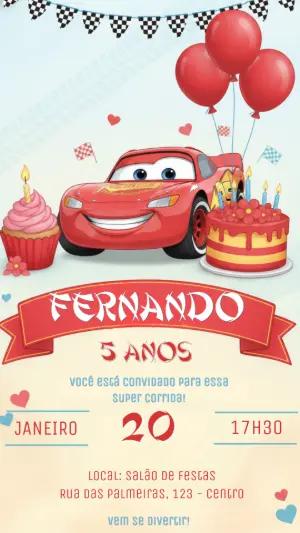 Convite de Aniversário Carros Corrida para Editar Online