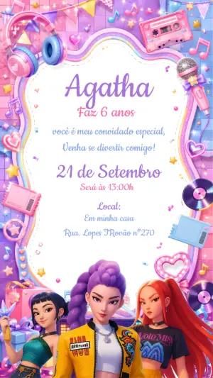 Convite de Aniversário Guerreiras do K-Pop Colorido para Editar