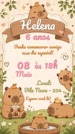 Convite de Aniversário Capivara Fofa Editável