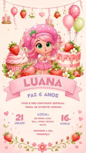 Convite de Aniversário Moranguinho Rosa para Editar e Enviar