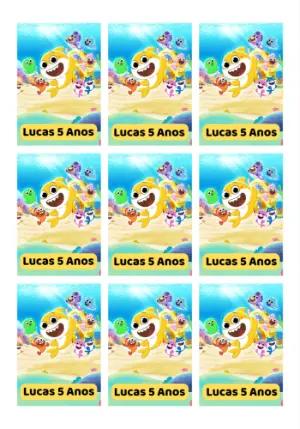 Tag Aniversário Baby Shark com Personagens para Editar