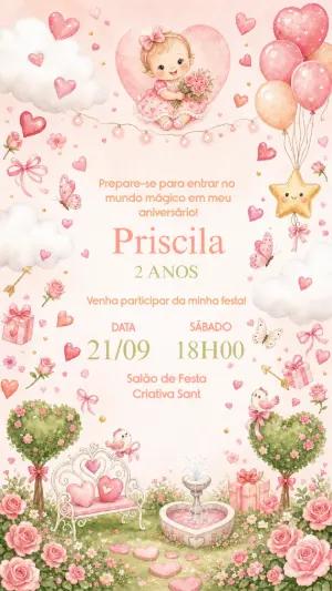 Convite Aniversário Jardim Encantado Rosa Editável