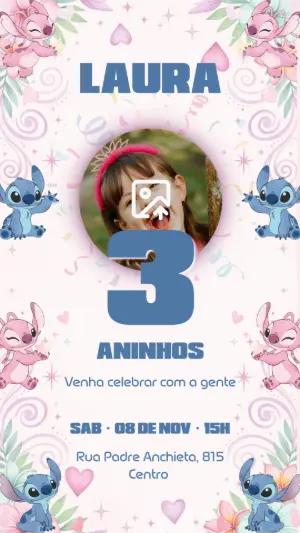 Convite Aniversário Stitch e Angel com Foto para Editar Online