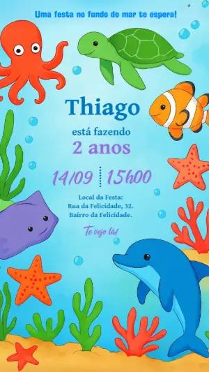 Convite Aniversário Fundo do Mar com Animais para Editar Online