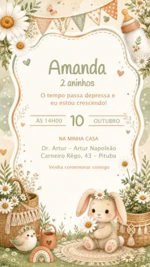 Convite Aniversário Coelhinho Boho Aquarela para Editar