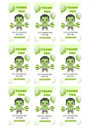 Cute Hulk Birthday Favor Tags Editable Template