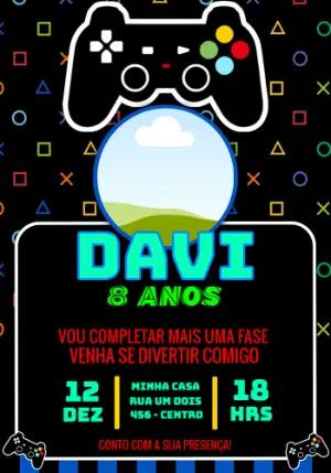 Convite de Aniversário Gamer com Controle Neon para Editar