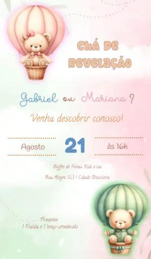 Convite Chá de Revelação Ursinhos no Balão Editável