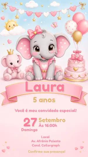 Convite de Aniversário Elefantinha Rosa Editável