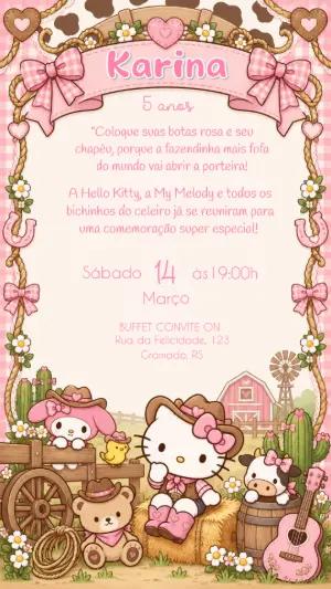 Convite de Aniversário Hello Kitty Fazendinha Rosa Editável