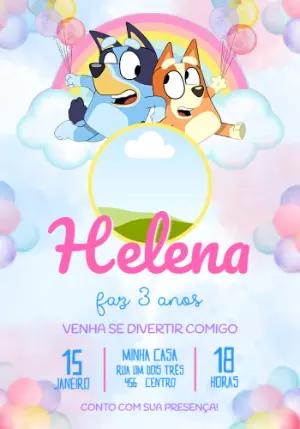Convite de Aniversário Bluey e Bingo Aquarela com Foto Editável