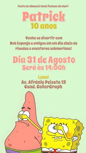 Convite de Aniversário Bob Esponja e Patrick para Editar Online