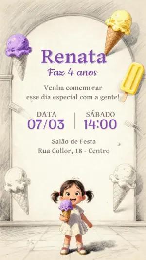 Convite de Aniversário Tema Sorvete Ilustrado para Editar