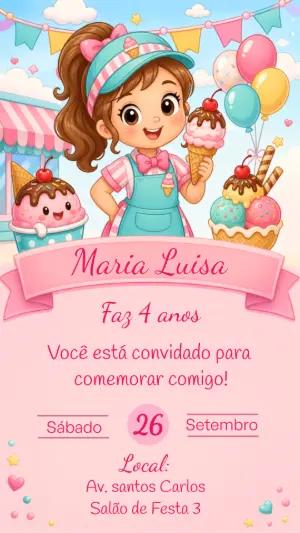 Convite de Aniversário Sorveteria Menina | Modelo Editável