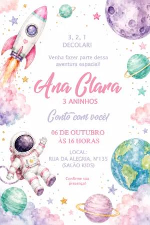 Convite de Aniversário Astronauta Menina Modelo Editável