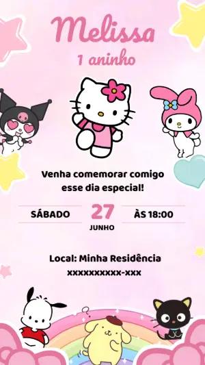 Convite de Aniversário Hello Kitty e Amigos Rosa Editável