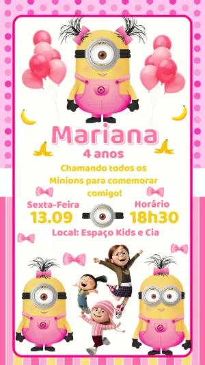 Convite Aniversário Minions Menina para Editar Online