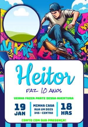 Convite de Aniversário Skate e Graffiti Colorido para Editar