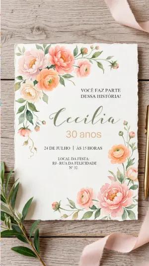 Convite de Aniversário Floral Aquarela Editável