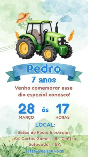 Convite Digital Infantil Trator Verde em Aquarela Editável