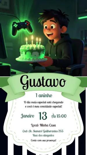 Convite de Aniversário Gamer 3D Verde para Editar Online