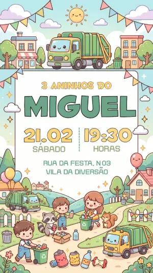 Convite Infantil Caminhão de Lixo e Reciclagem Editável