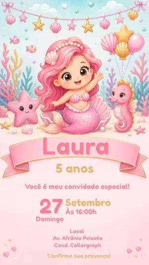 Convite Editável de Aniversário Tema Sereia Fofa
