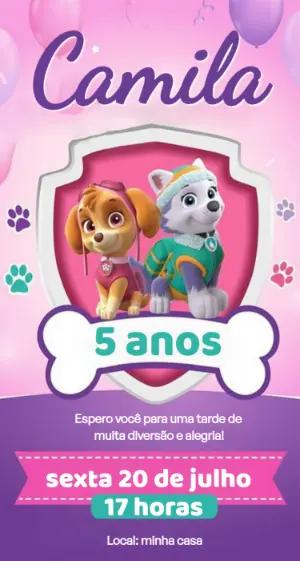 Convite de Aniversário Patrulha Canina Menina Rosa Editável