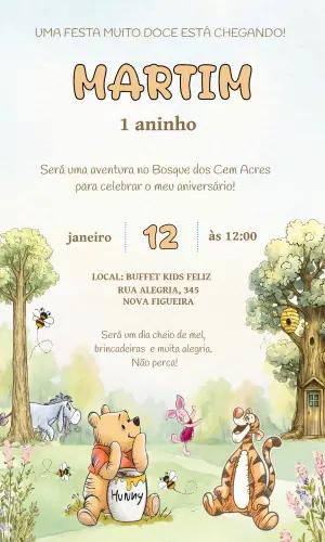 Convite Digital Ursinho Pooh Aquarela para Aniversário