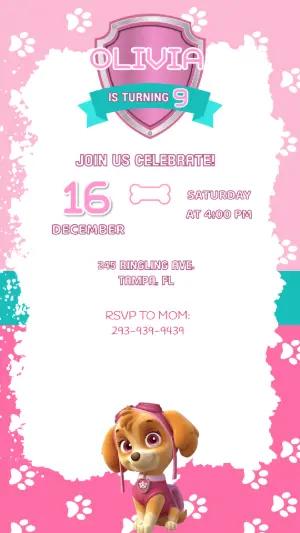 Skye Paw Patrol Pink Birthday Invitation - Editable Template