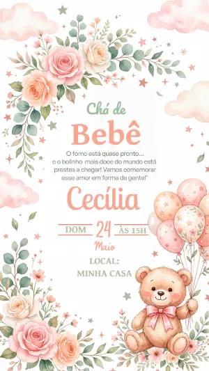 Convite Chá de Bebê Ursinha Floral Aquarela Editável