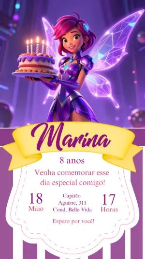 Convite Digital Aniversário Fada Futurista Editável