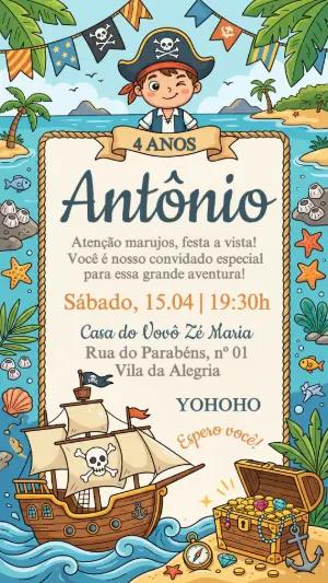 Convite de Aniversário Infantil Tema Pirata para Editar