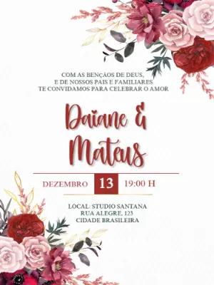 Convite de Casamento Floral Marsala para Editar Online