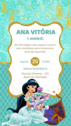 Convite Digital Aniversário Infantil Princesa Jasmine Editável