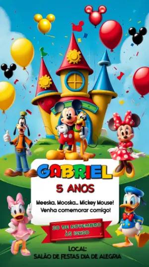 Convite de Aniversário Mickey e Turma Colorido para Editar