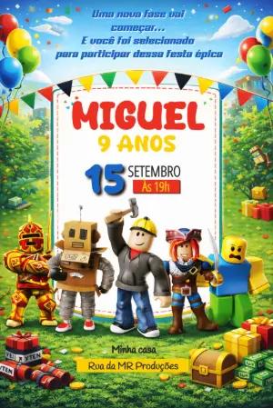 Convite de Aniversário Infantil Roblox Modelo Digital Editável
